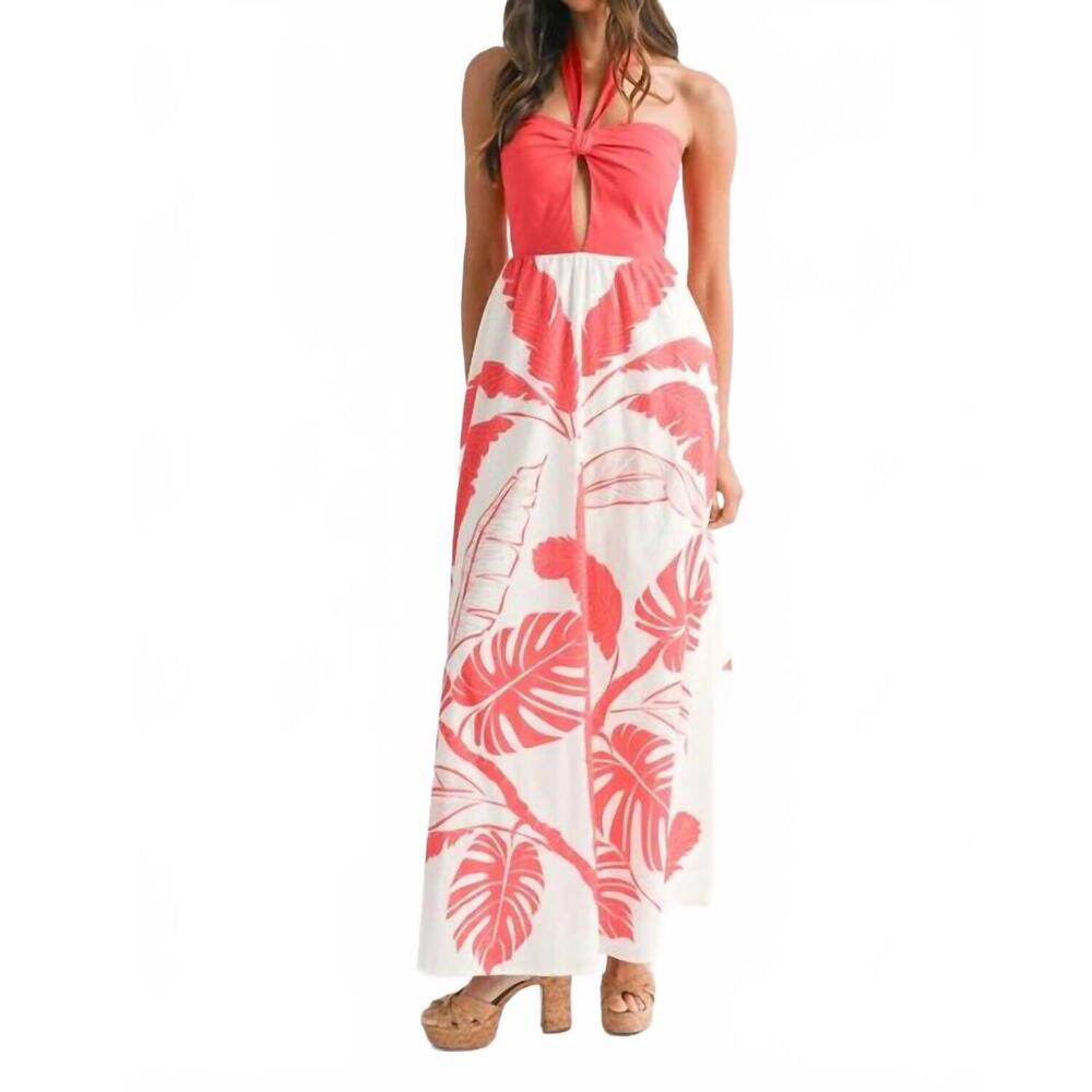 NEW MABLE placement printed halter maxi dress in tomato red